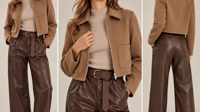 Tonal dressing with wide leg faux leather trousers, ribbed top and jacket