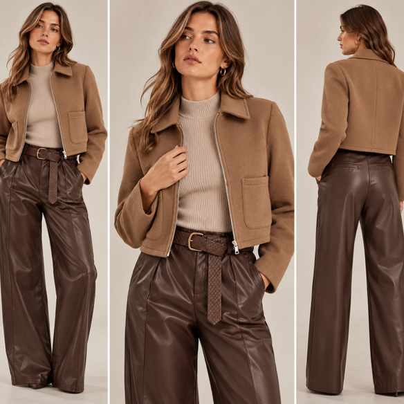 Tonal dressing with wide leg faux leather trousers, ribbed top and jacket