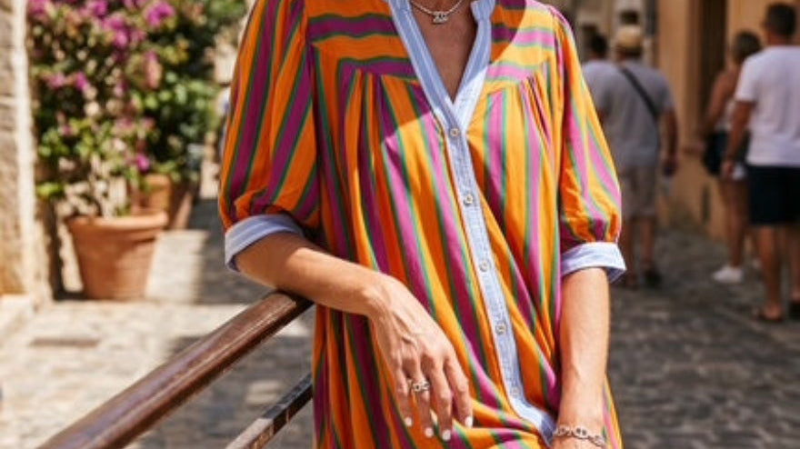 Orange striped dress with button front and chambray detail