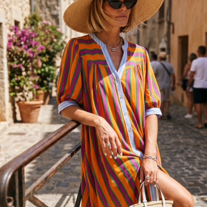 Orange striped dress with button front and chambray detail