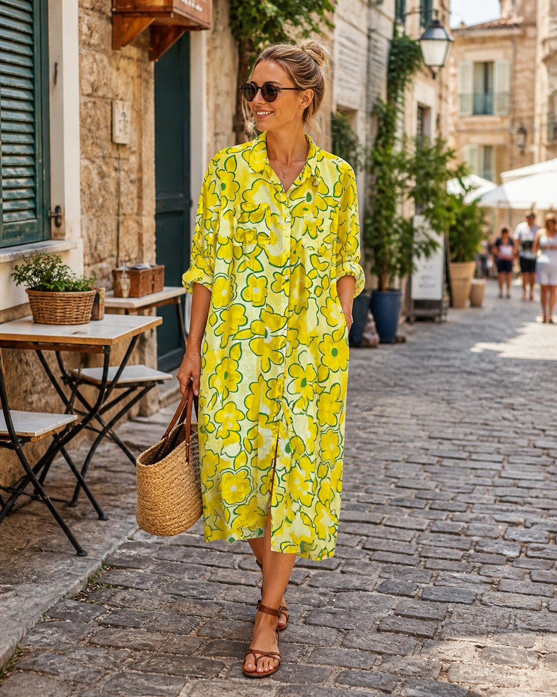 A woman wearing a bright yellow and green floral print midi dress walks down a cobblestone street. She is wearing brown leather sandals and carrying a woven straw tote bag.