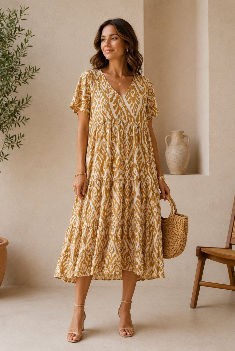 Vanilla colour midi dress tiered with v neck and short sleeves