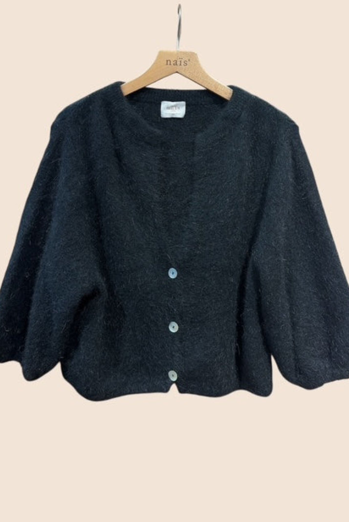 A black 3/4 sleeve cardigan in an angora mix