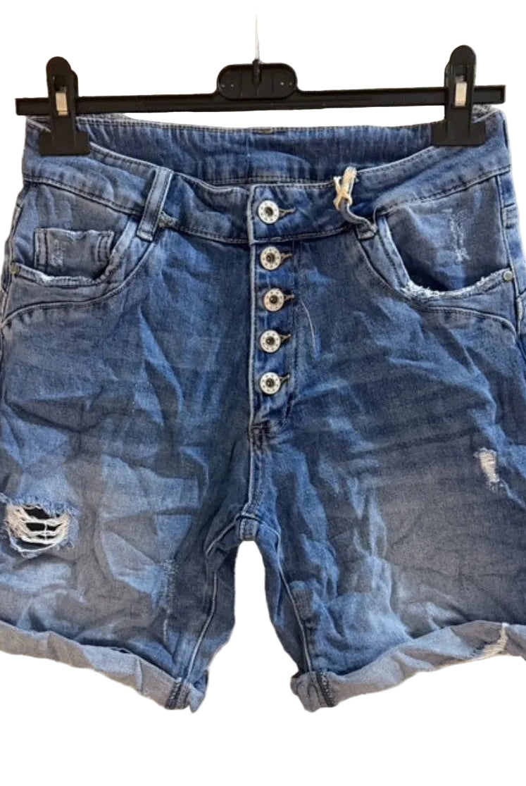 Blue denim shorts with button details