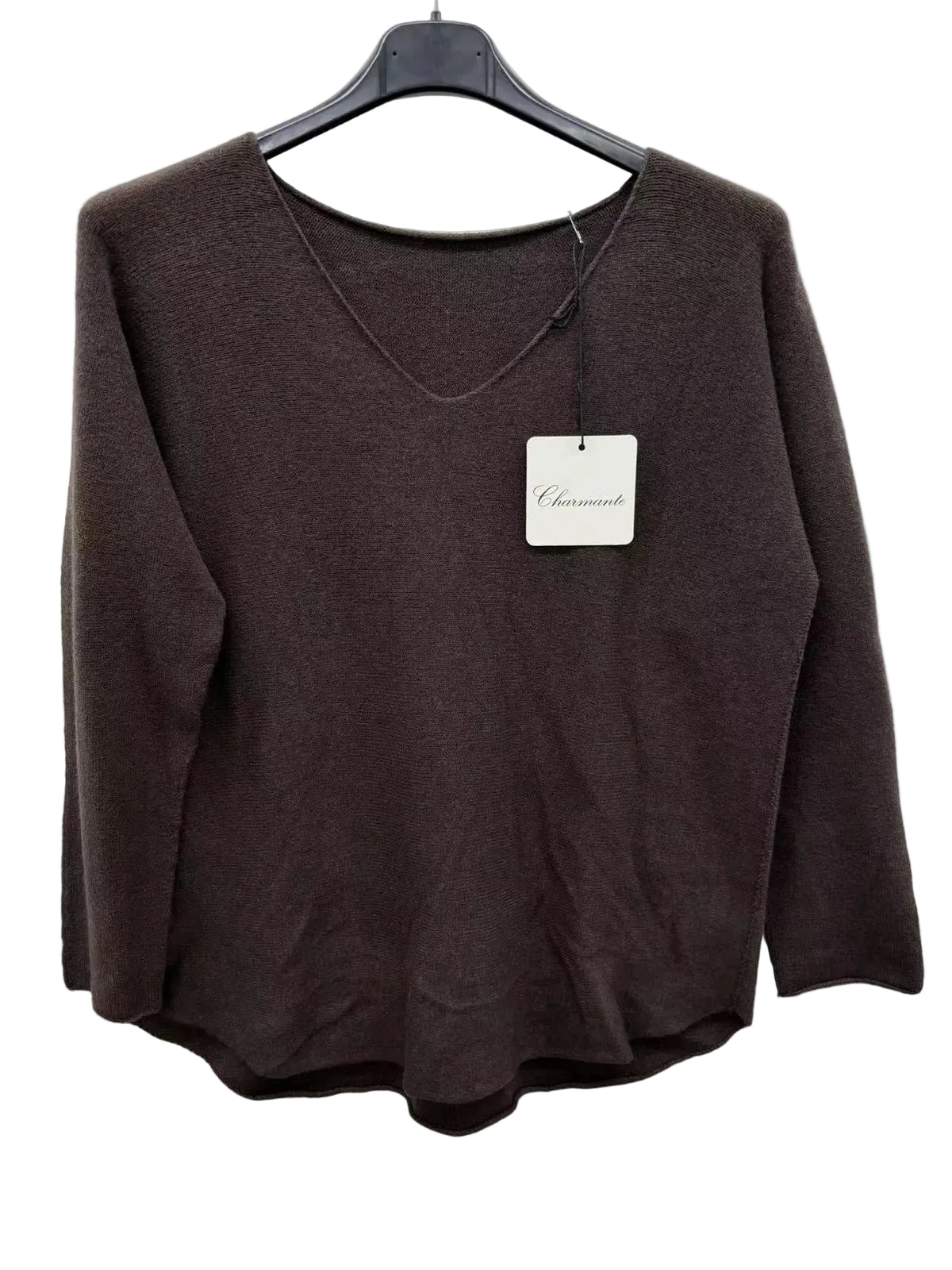 Brown sweater on a hanger with a visible brand tag against a white background