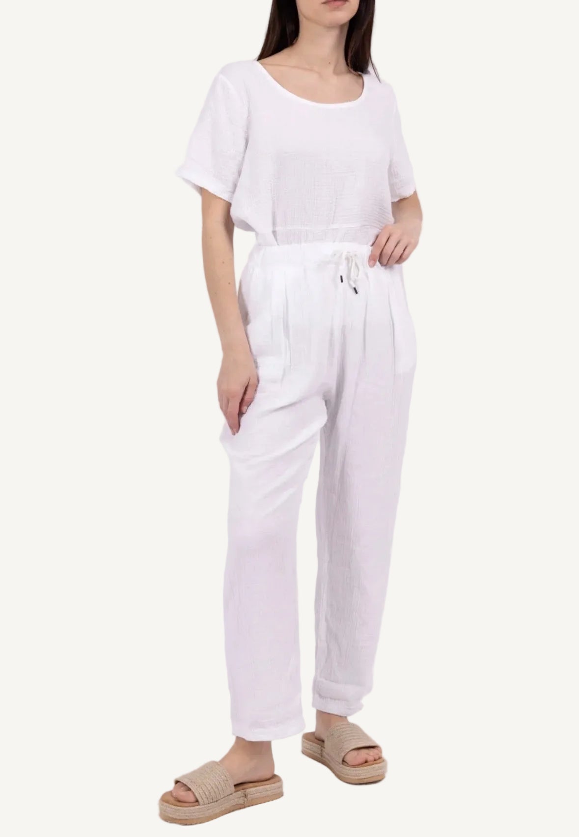white cotton gauze trousers with tie waist