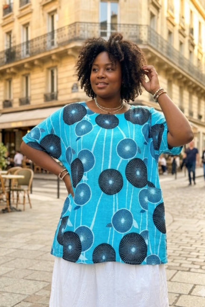 Cyan blue printed cotton plus size top