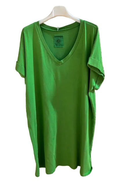 Green t-shirt dress on a hanger a
