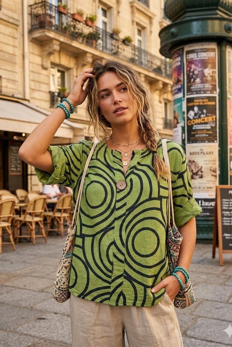 Cotton green top with feature button