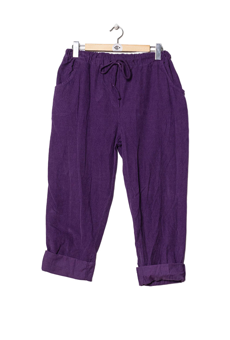 Purple pants on a hanger against a white background