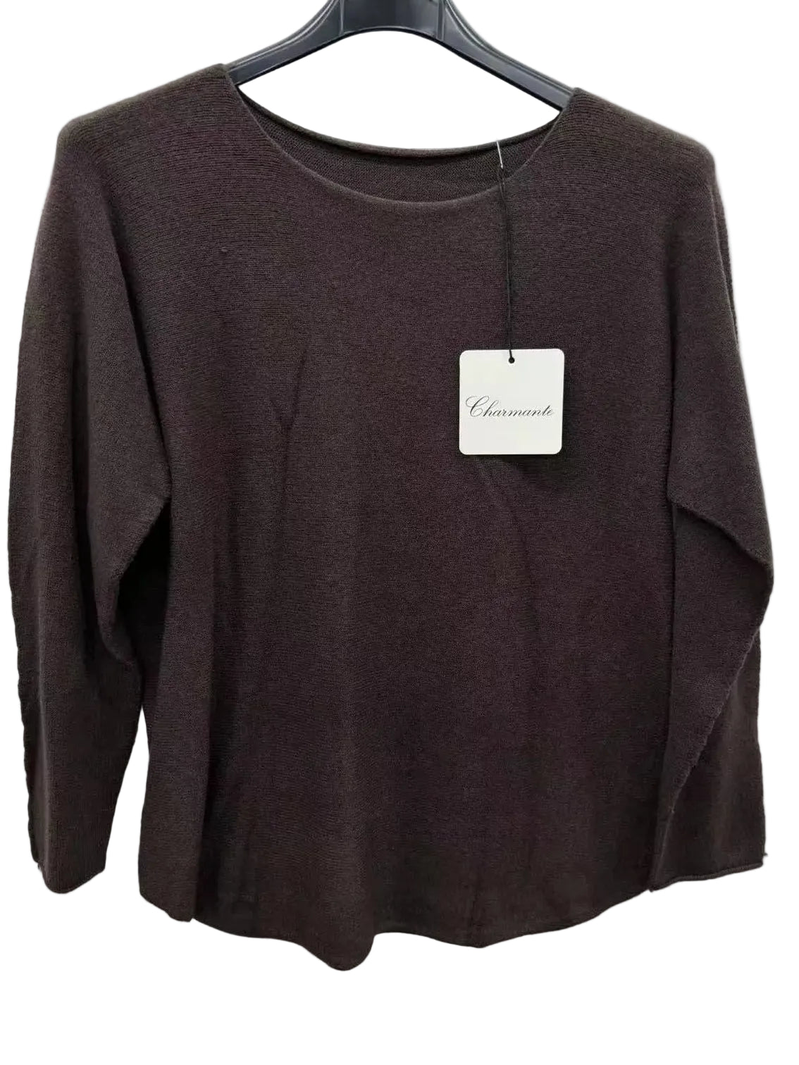 Brown sweater on a hanger with a visible tag against a white background