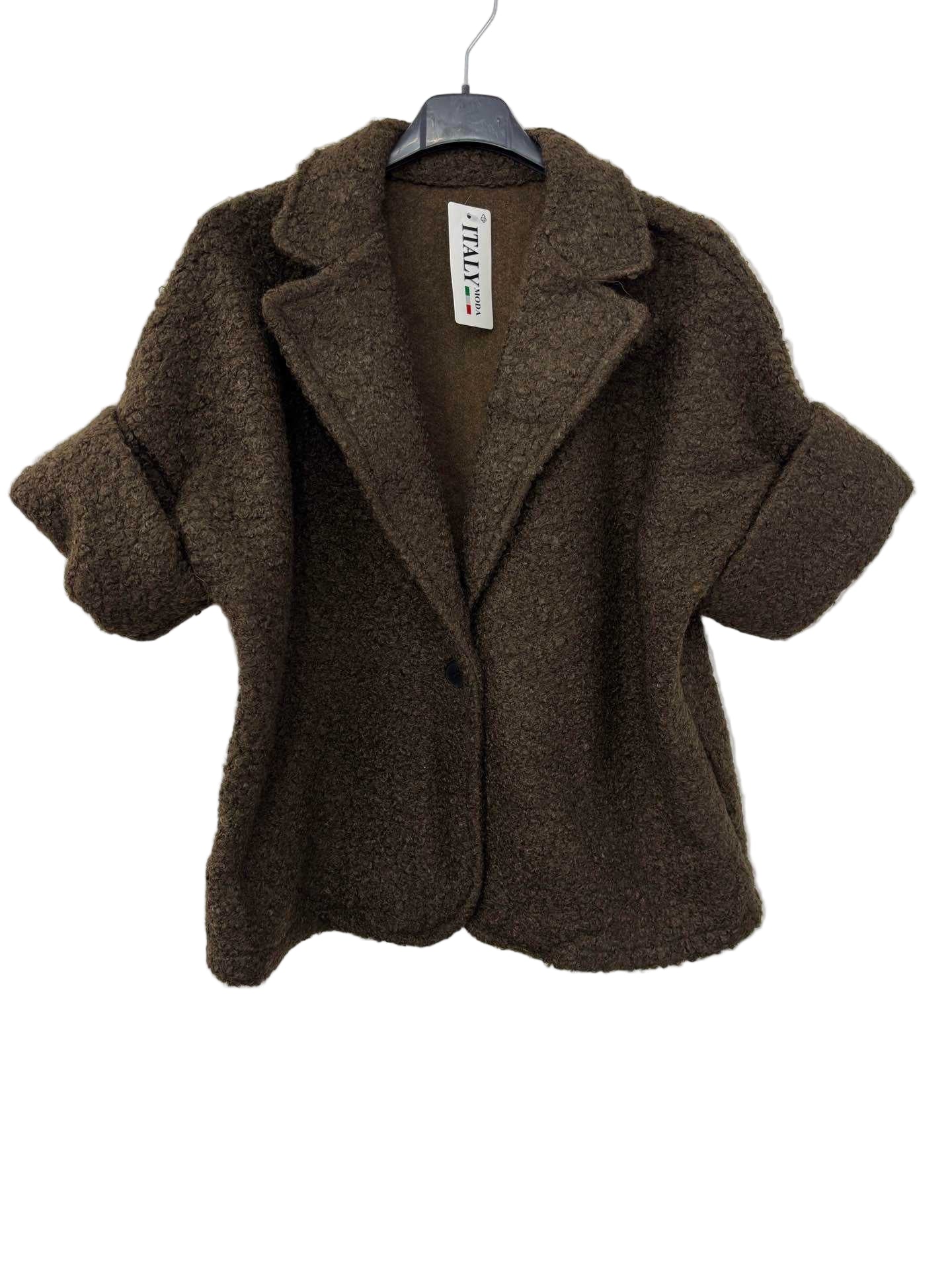 Brown coat on a hanger against a white background