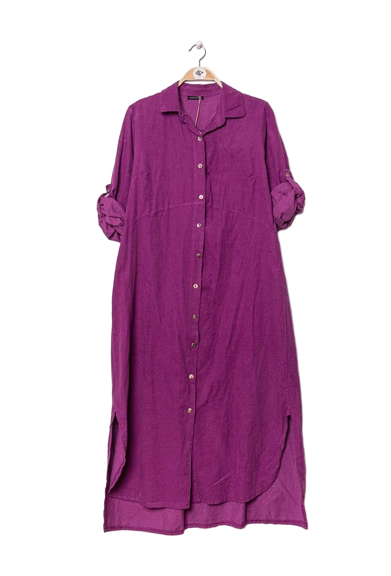 Purple dress on a hanger against a white background