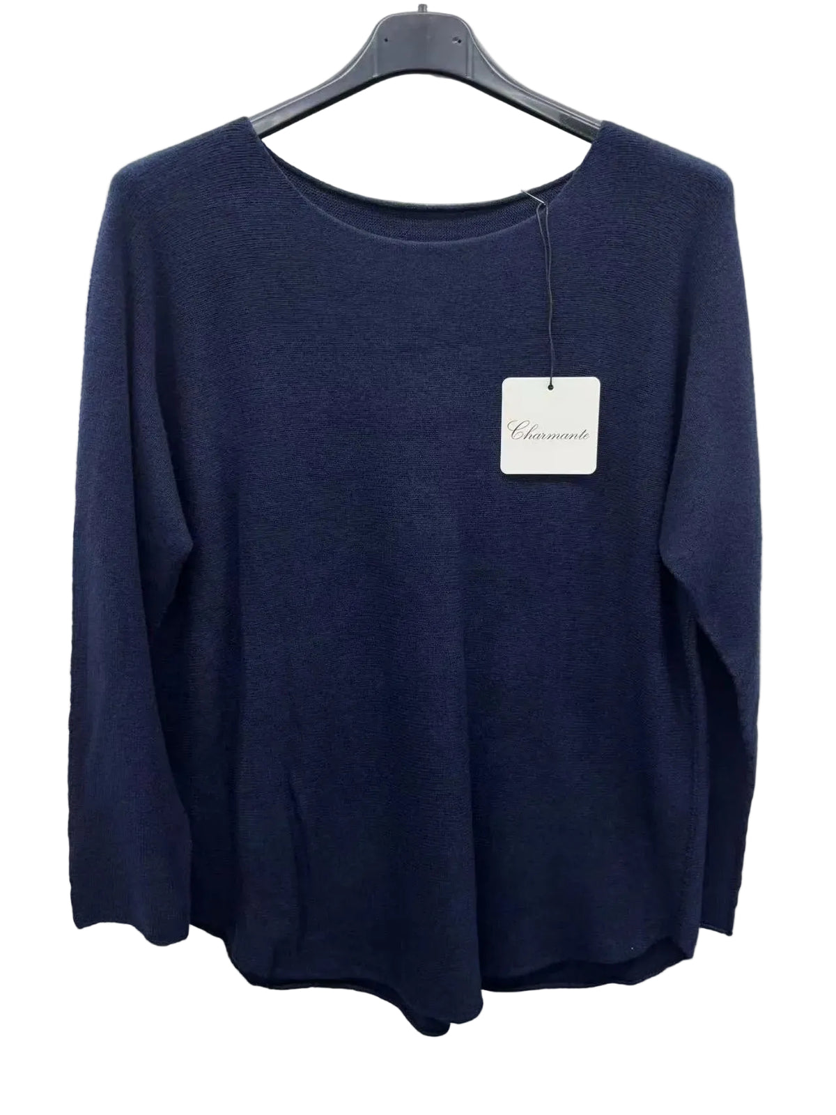Navy blue sweater on a hanger