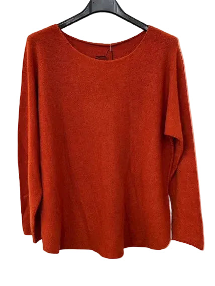 Brick orange sweater on a hanger against a white background