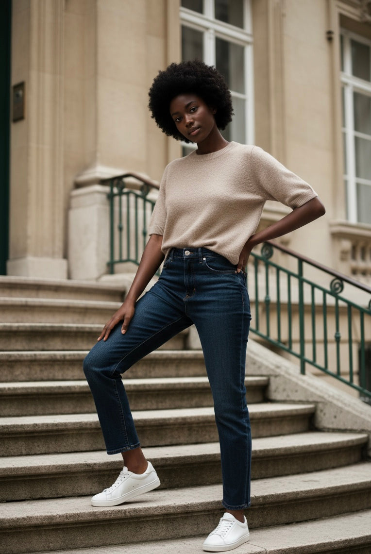 Woman in a beige sweater and dark jeans standing on stone steps in an urban setting