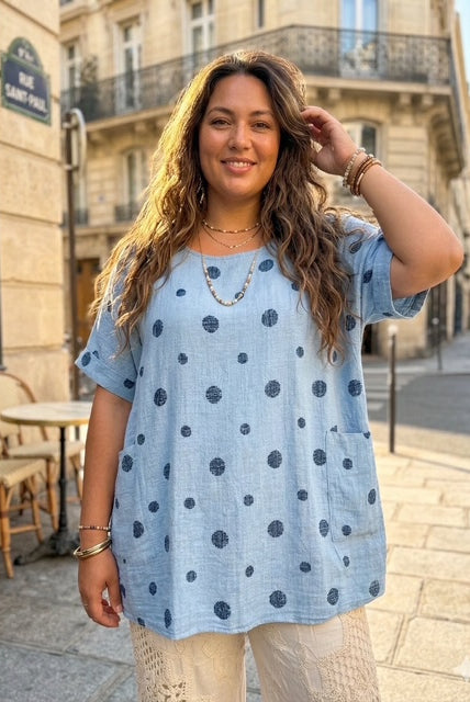 Light blue polka dot plus size top