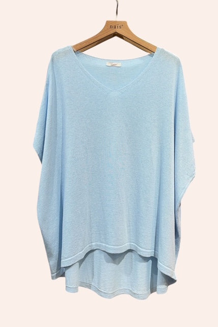 Light blue sweater on a wooden hanger against a white background
