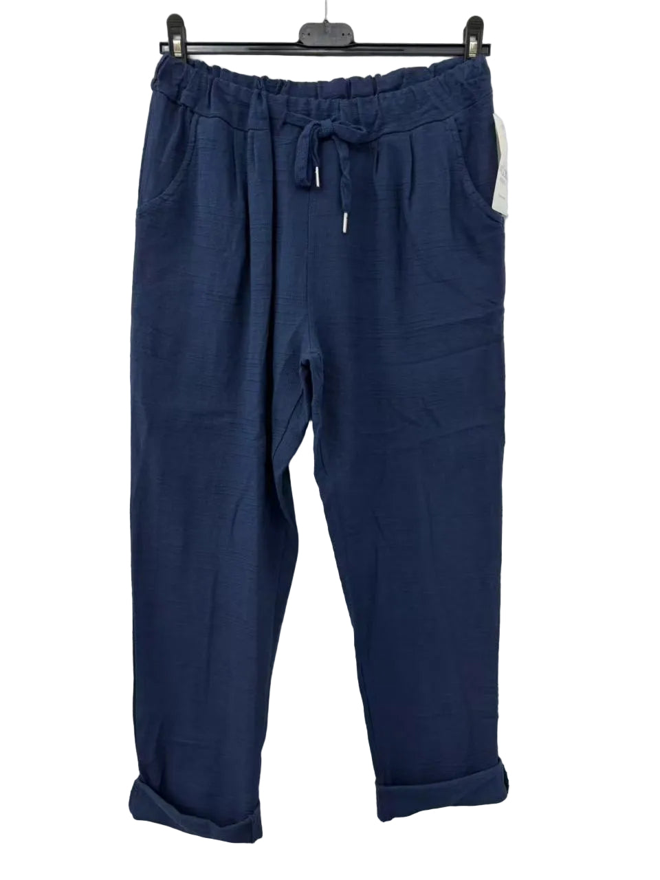 Blue pants with drawstring waist on a white background
