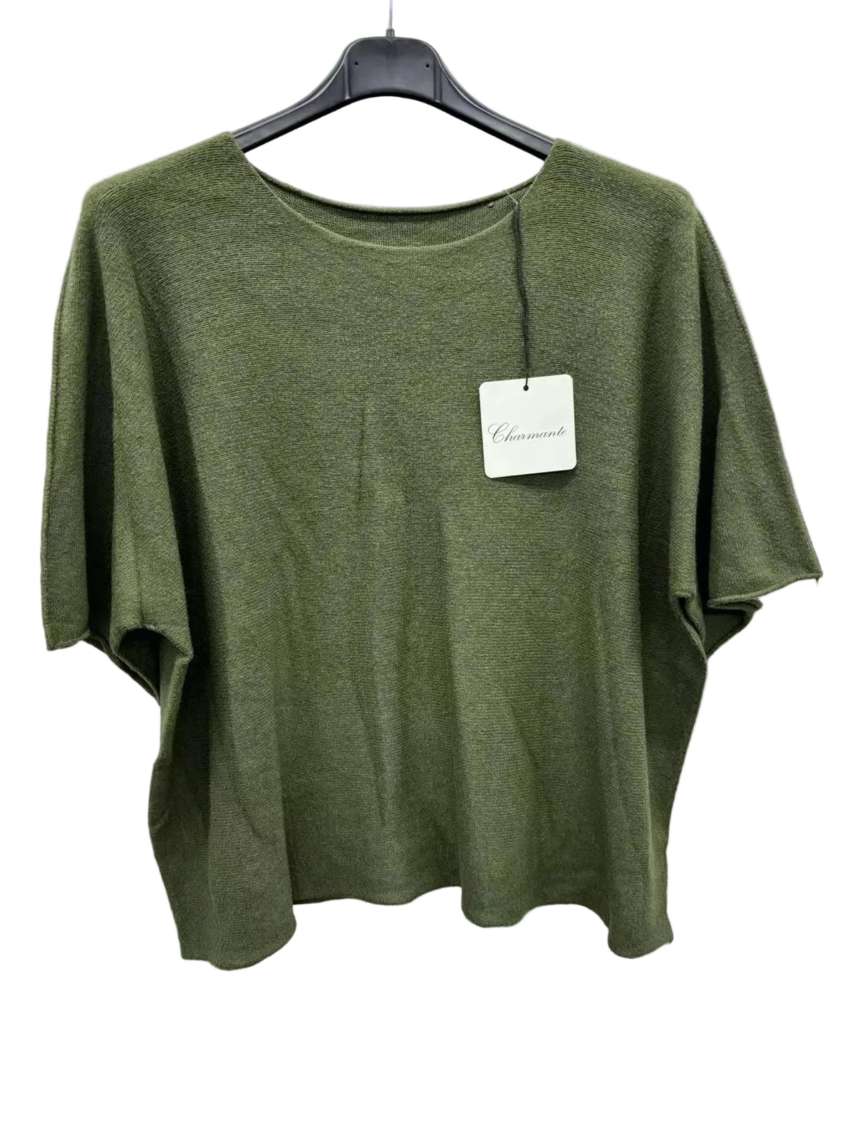 Khaki Green sweater on a hanger