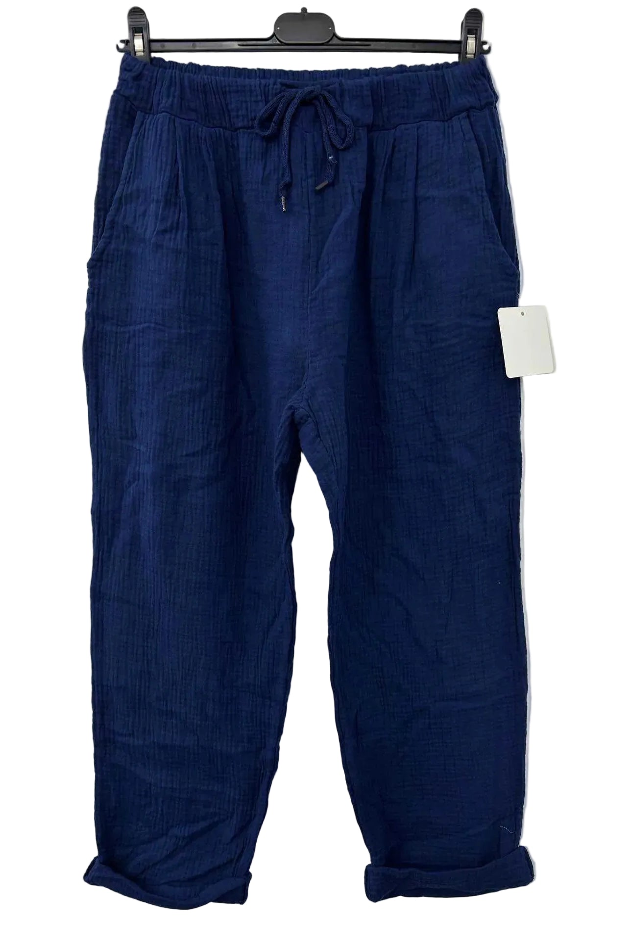 Blue pants with a drawstring on a white background