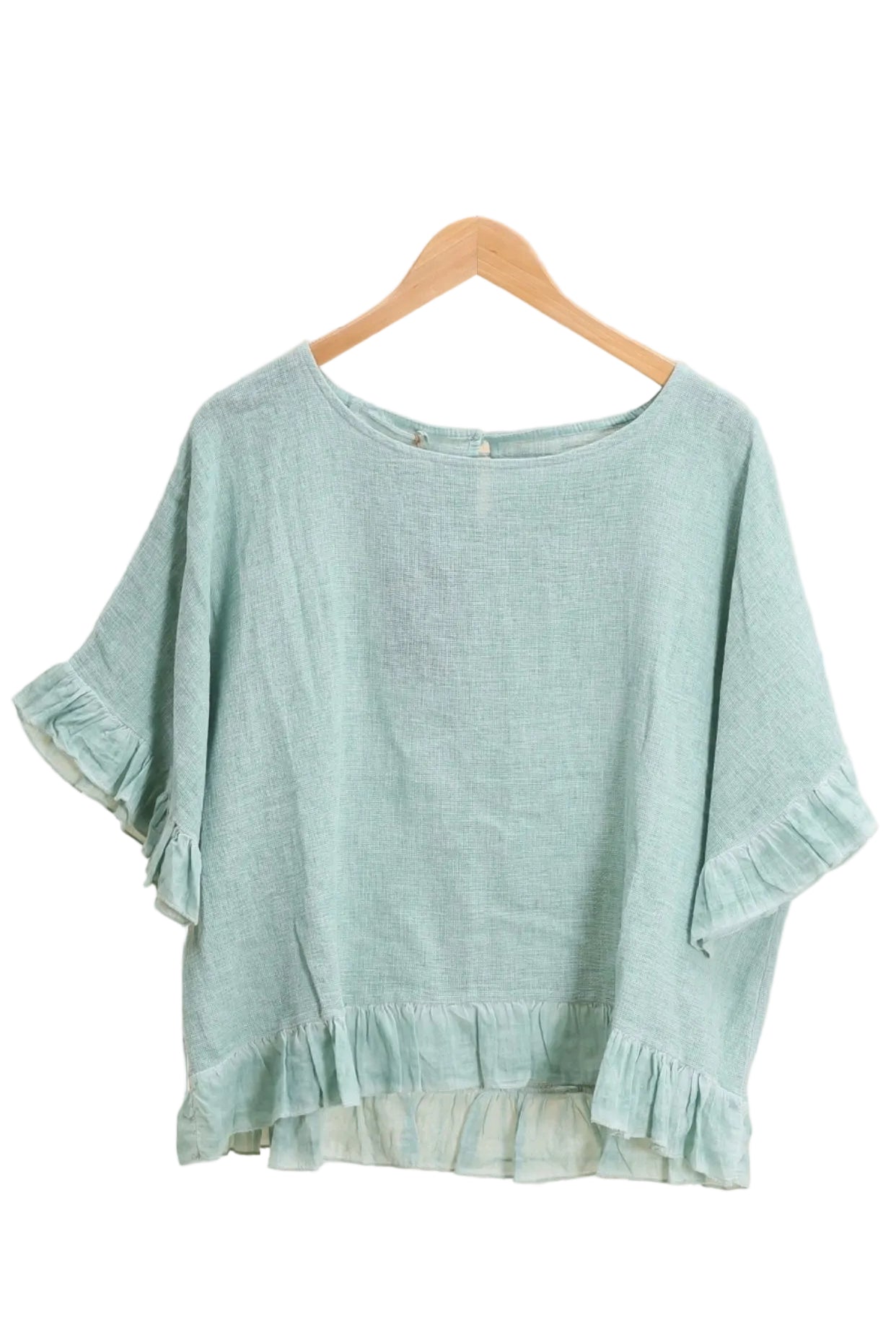 Duck Green ruffled blouse on a white background