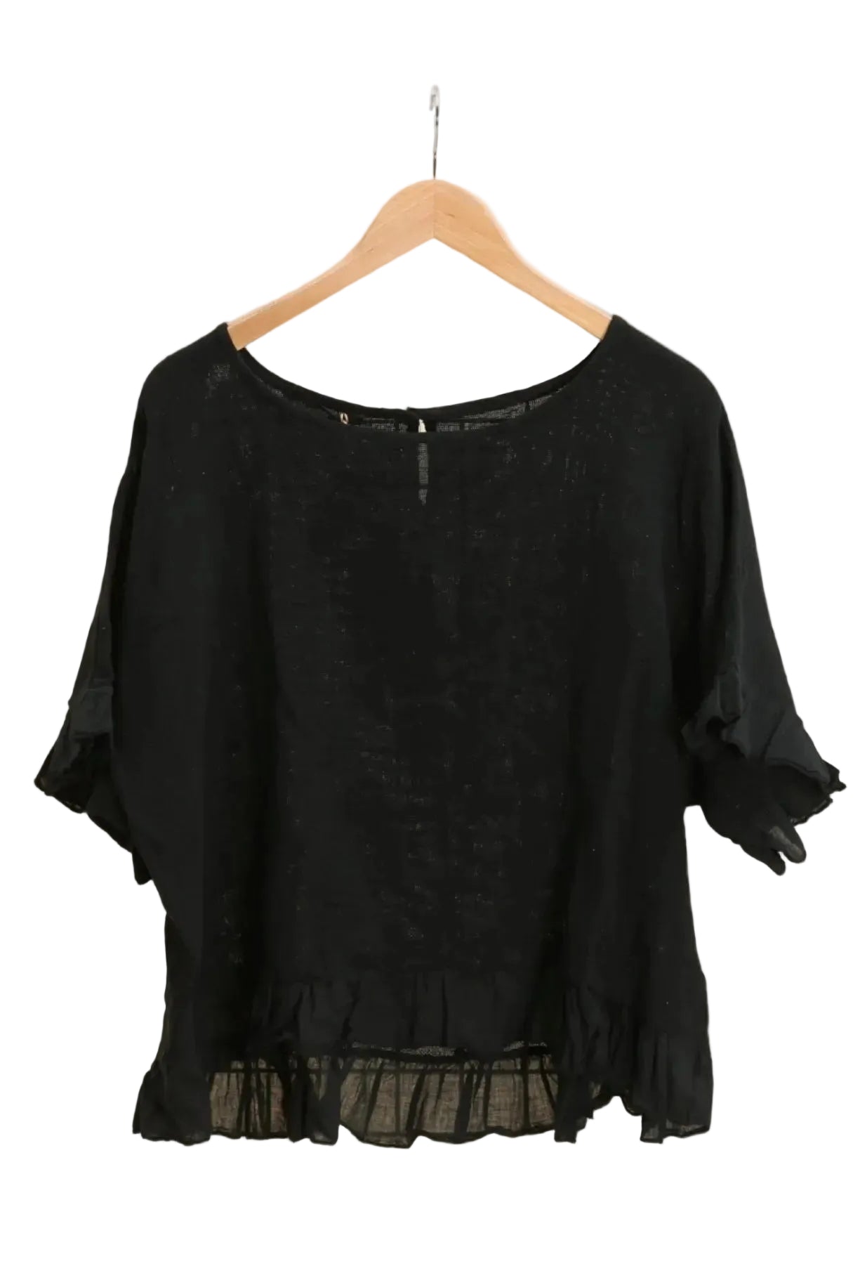 Black ruffled blouse on a white background