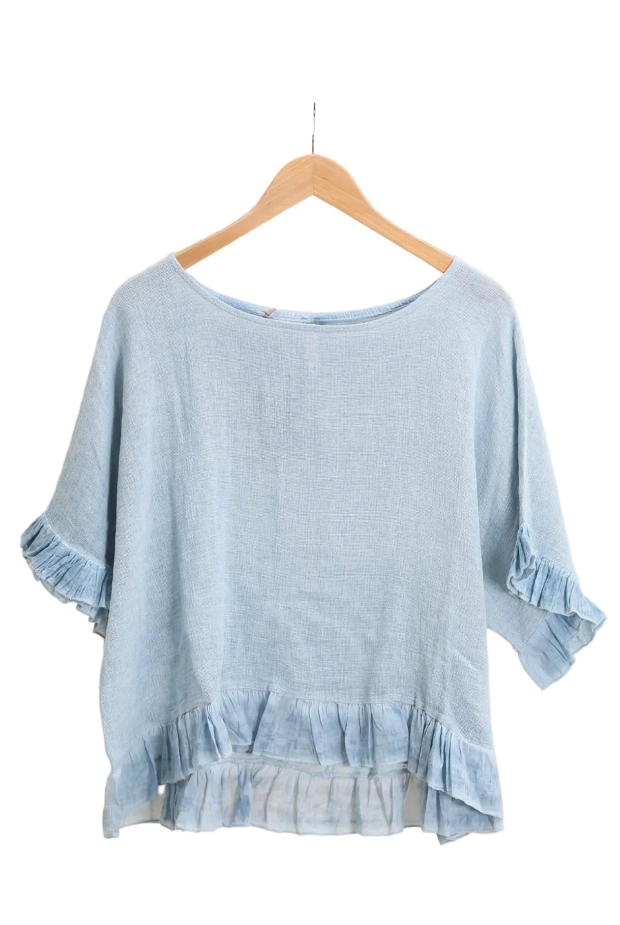 Blue Jeans ruffled blouse on a white background
