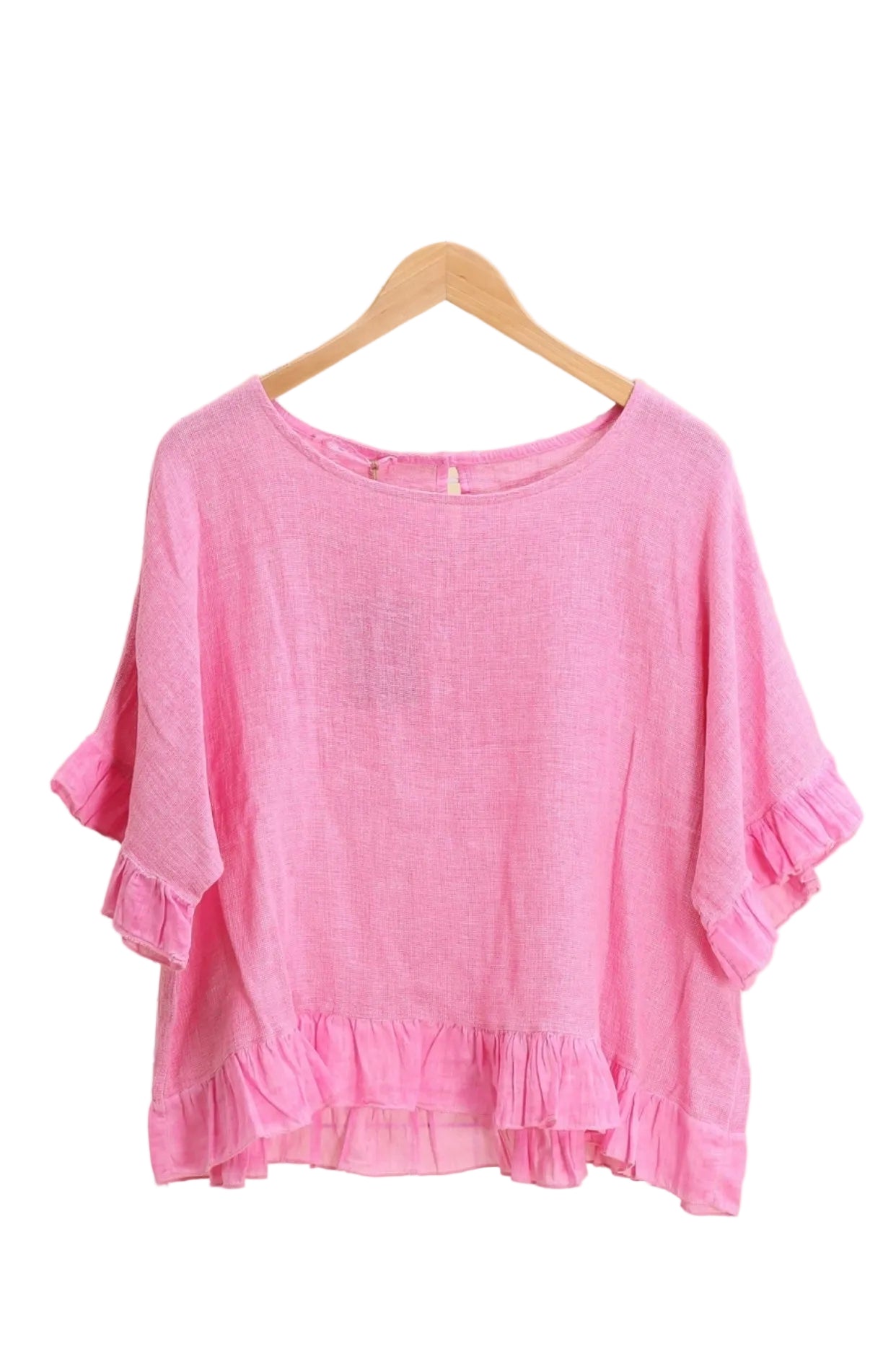 Fuchsia ruffled blouse on a white background