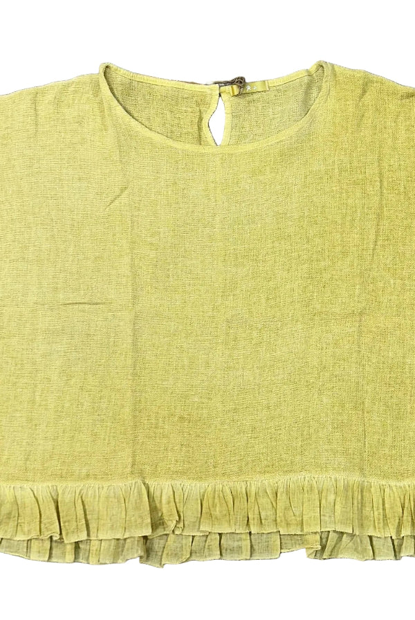 Yellow ruffled blouse on a white background