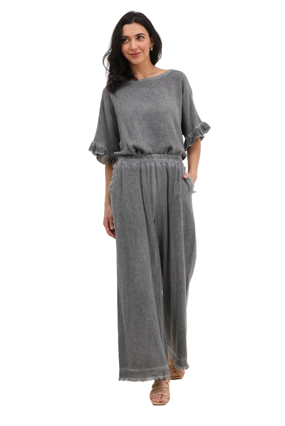 Charcoal grey ruffled top & trouser on white background