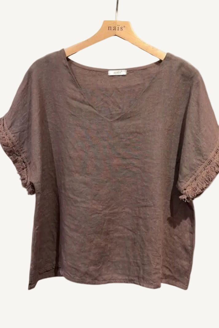 Brown blouse with ruffled sleeves on a hanger against a white background