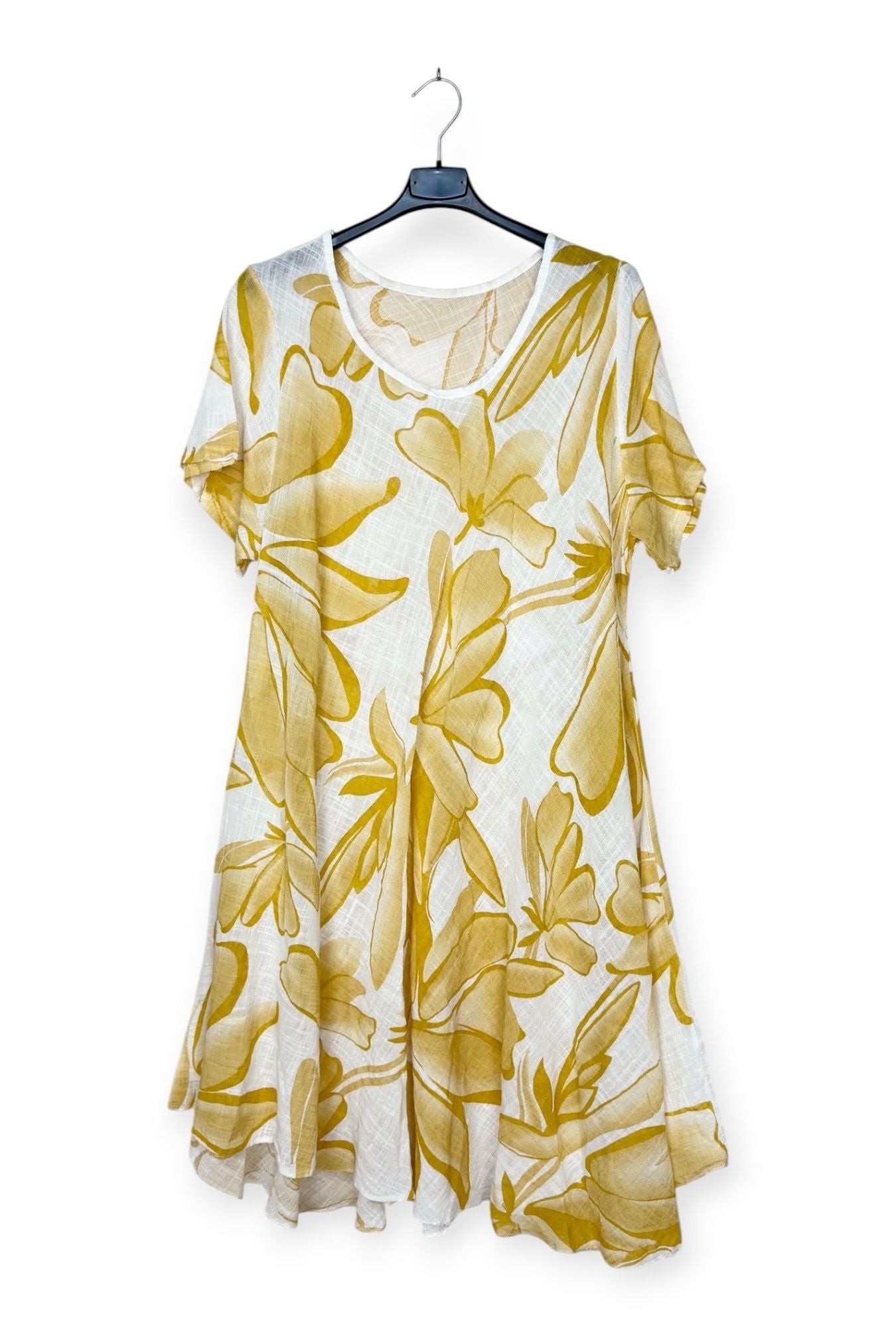 Yellow floral dress on a hanger against a white background