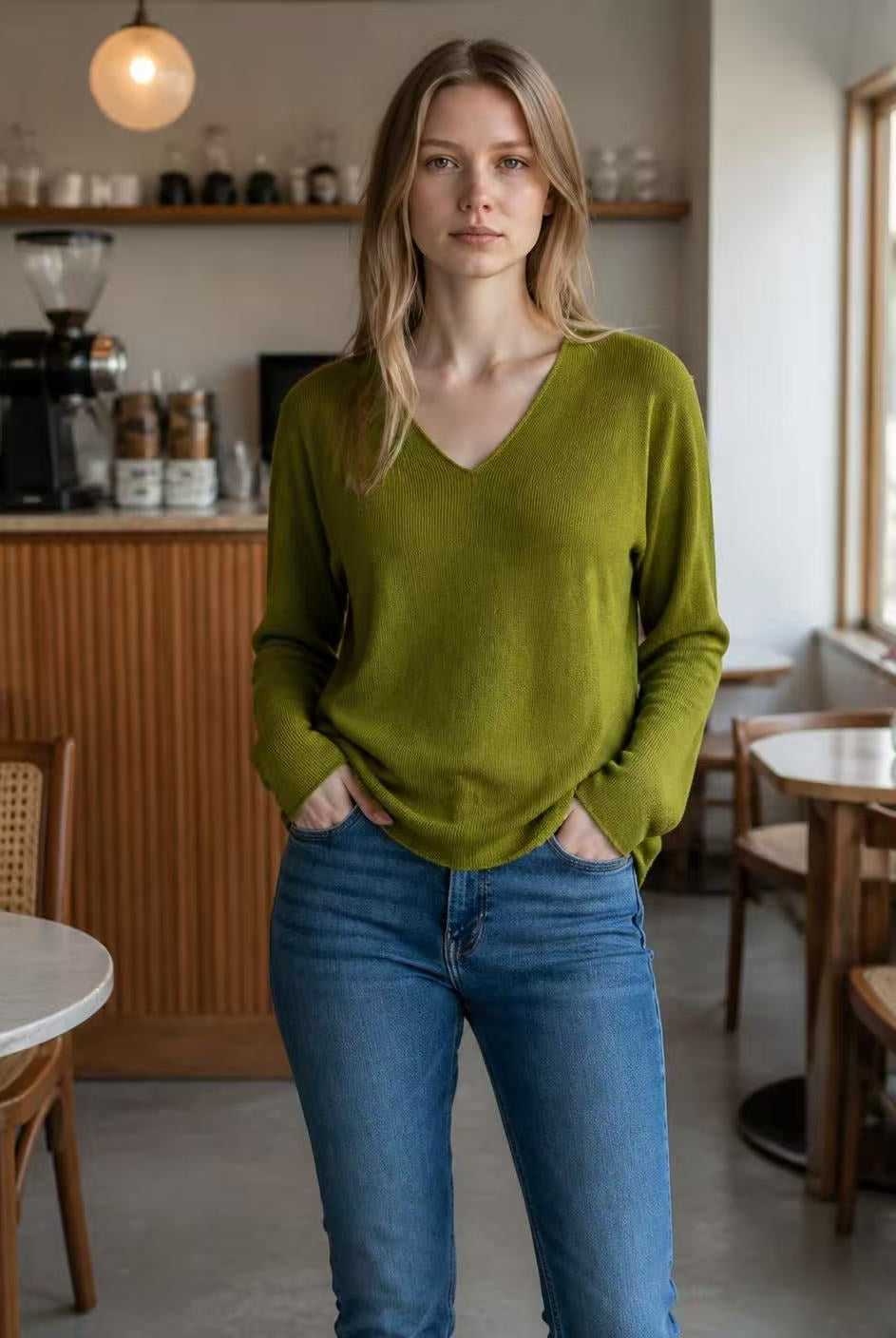 A woman wearing a long-sleeve olive green V-neck knit sweater and blue jeans stands in a cozy cafe setting with wooden tables and warm lighting.
