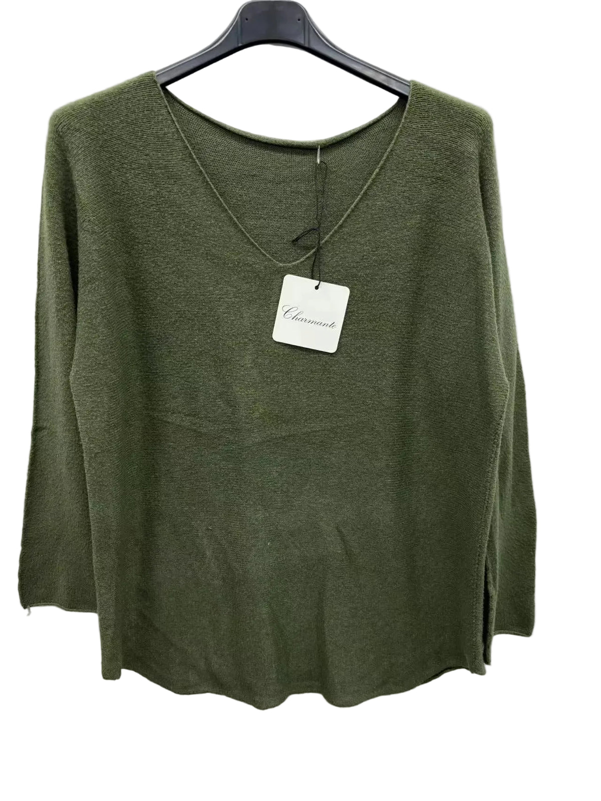 A khaki green knit long-sleeve top hanging on a black hanger against a plain white background