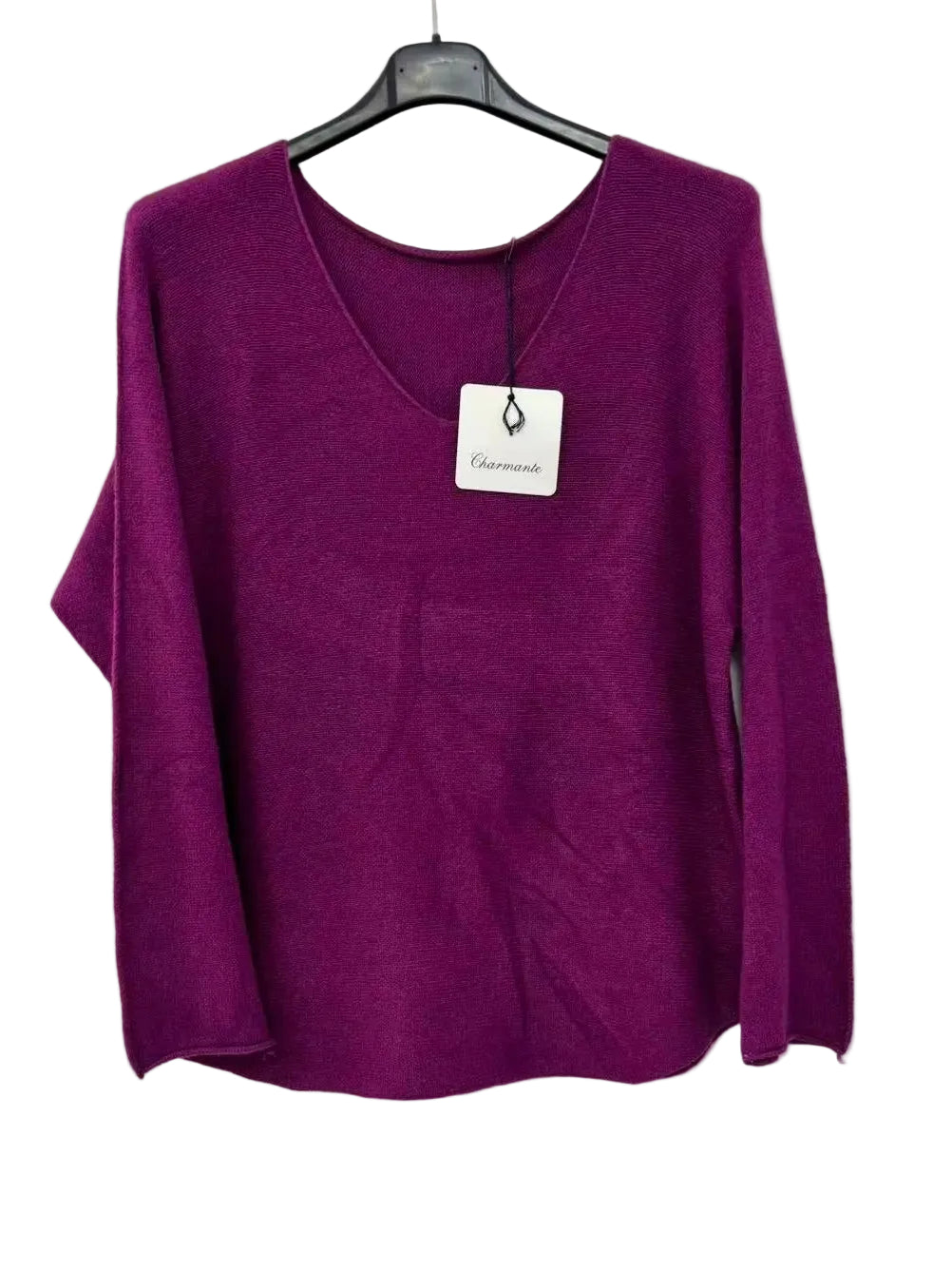 A long-sleeve knit sweater in a rich mauve colour,
