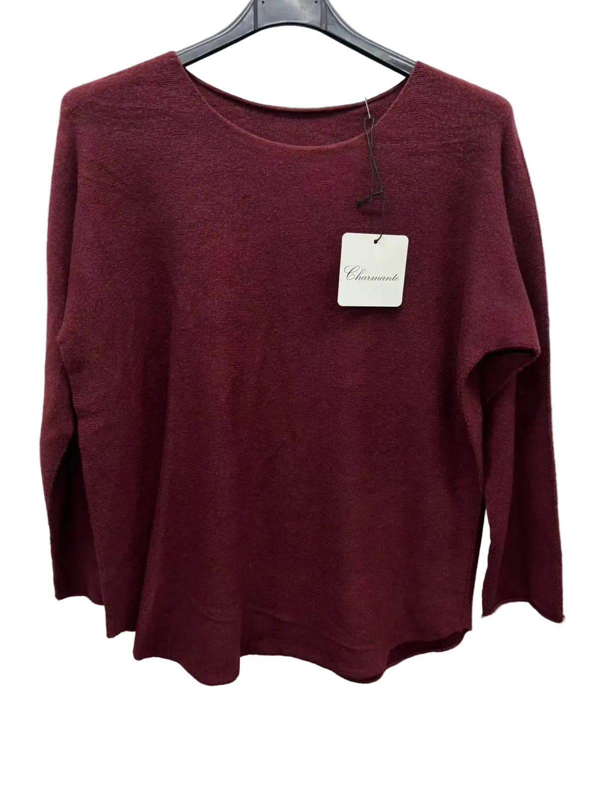 A women's long-sleeve knit sweater in a deep burgundy