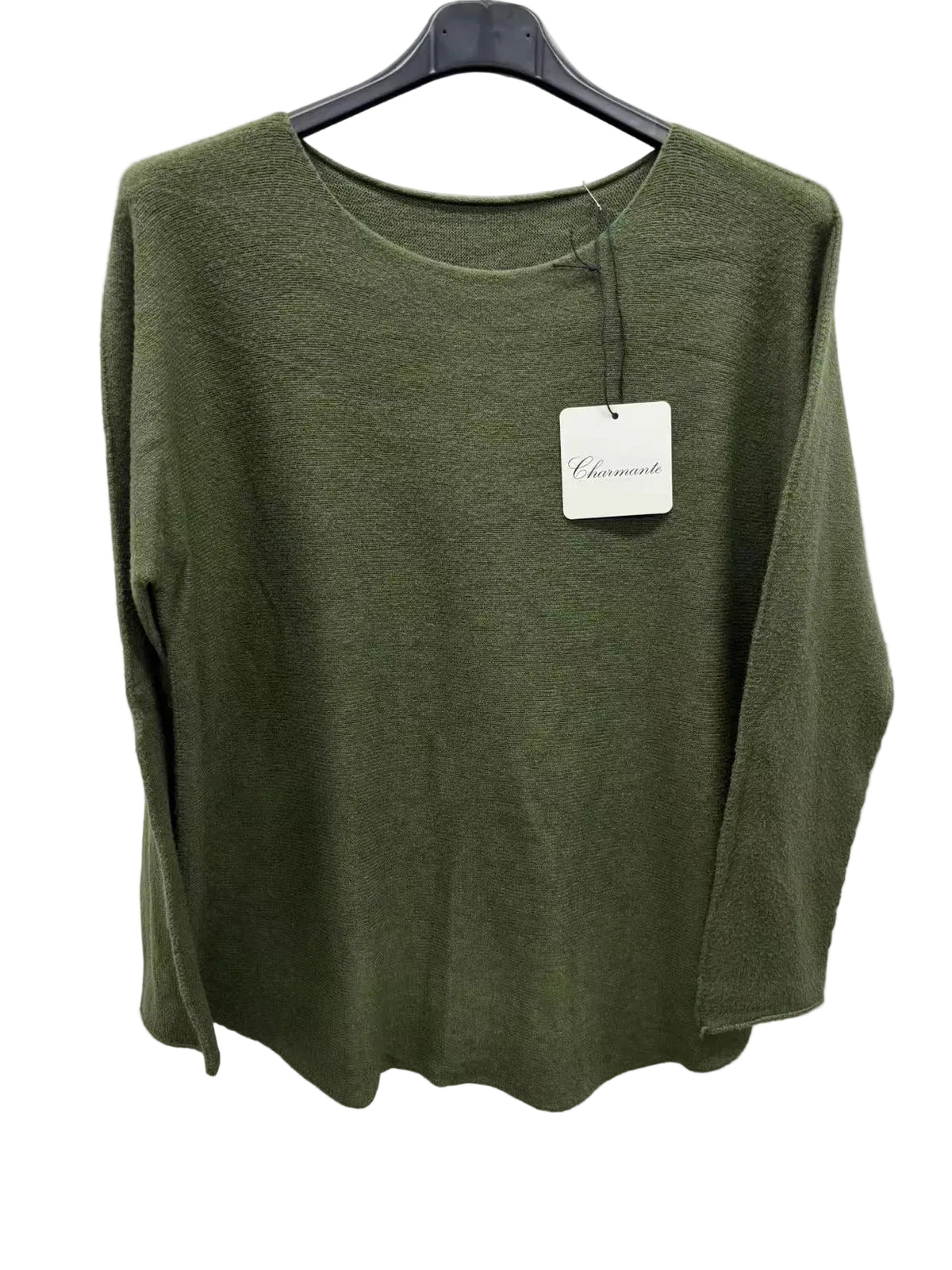 A khaki green long-sleeve knit top hanging on a black hanger against a plain white wall,