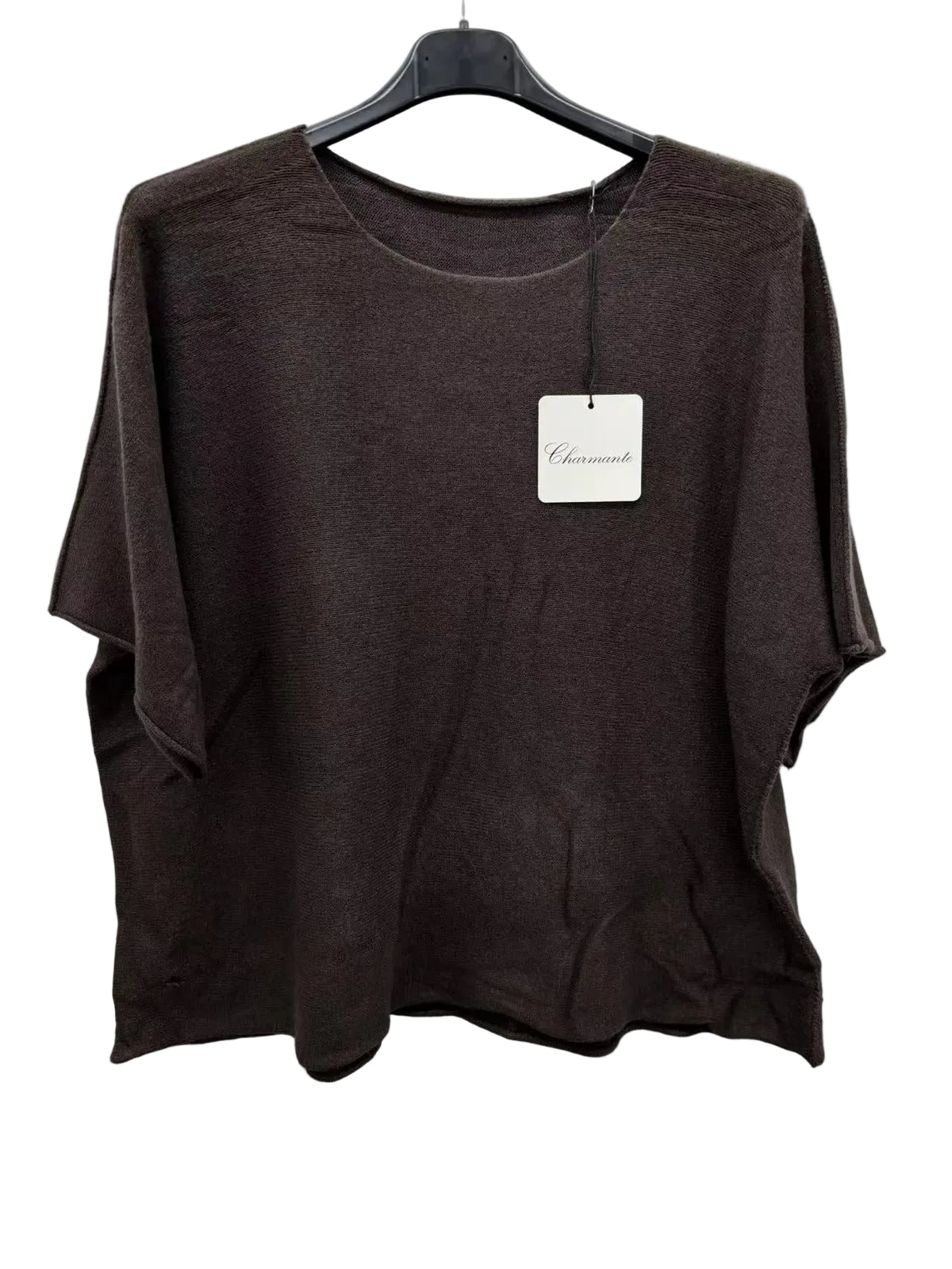 A dark brown short-sleeve knit top with a wide round neckline