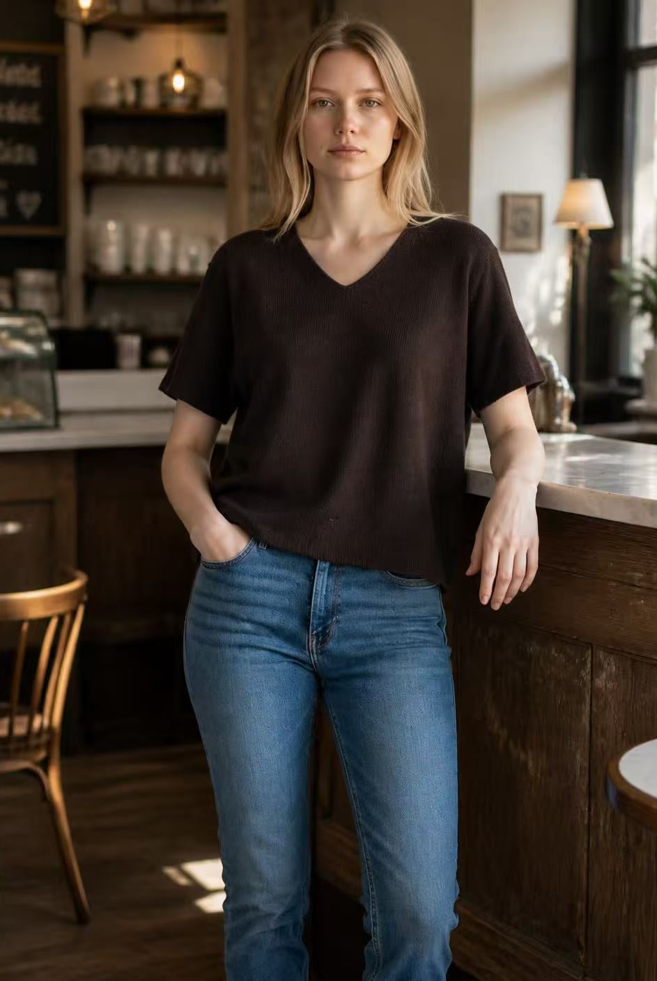 A woman wearing a dark brown short-sleeve V-neck knit top and blue jeans stands in a cafe setting.
