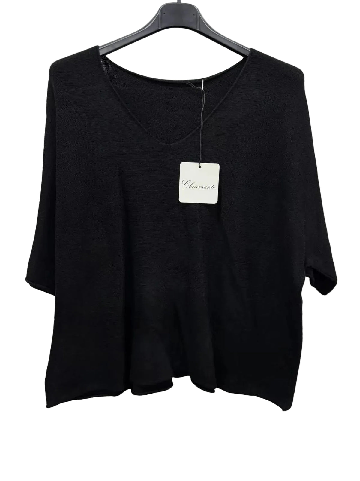 A black women's knit top with a v neckline and elbow-length sleeves, hanging on a black hanger