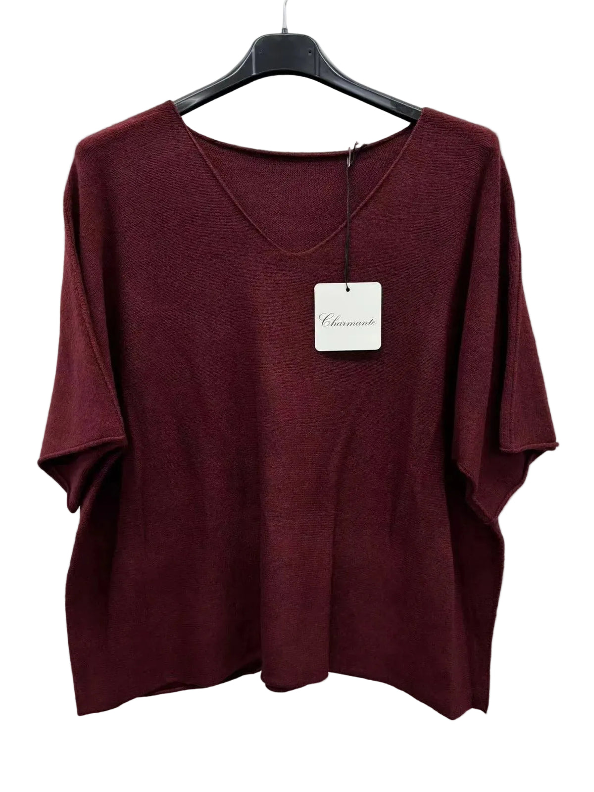 A burgundy short-sleeve V-neck sweater hanging on a black hanger