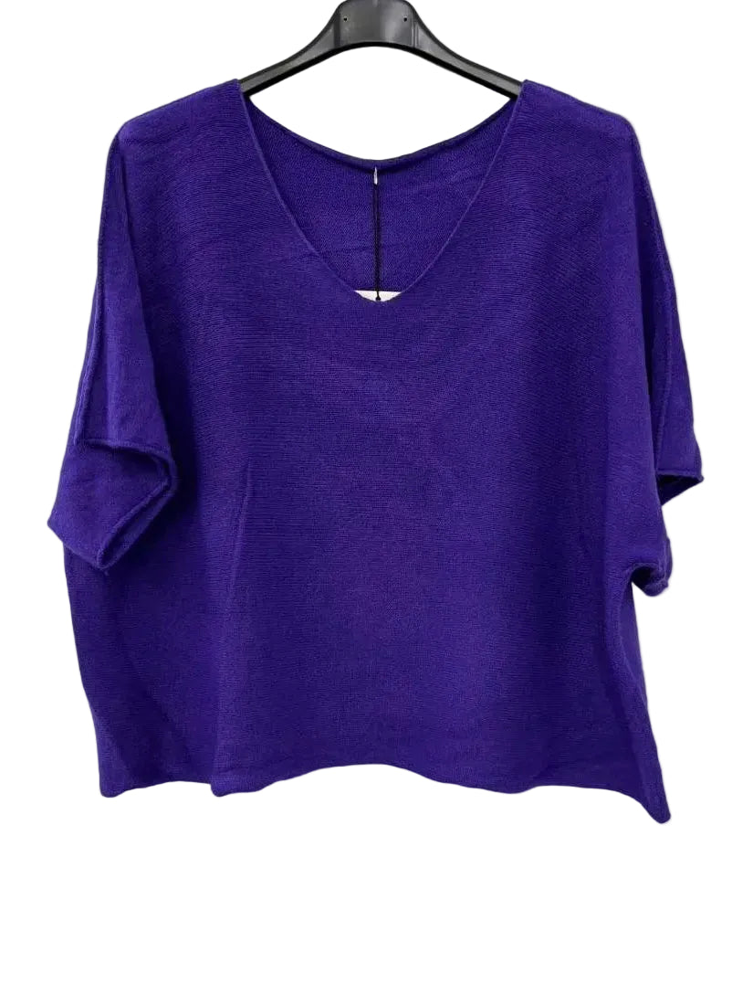 A purple short-sleeve V-neck sweater hanging on a black hanger against a plain white wall.
