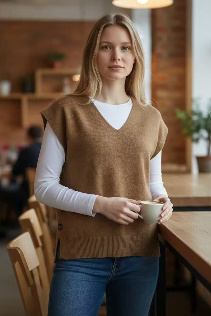 Camel v neck cap sleeve poncho