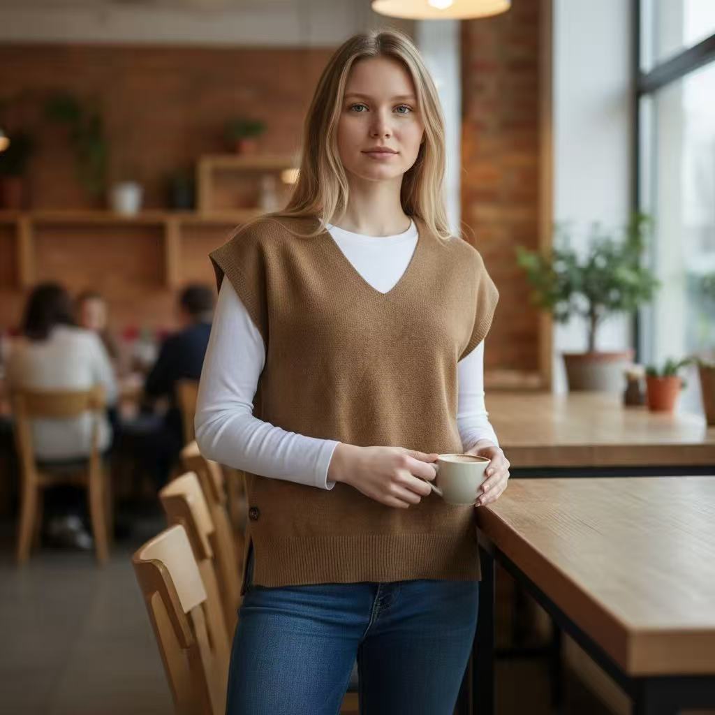 Camel v neck cap sleeve poncho