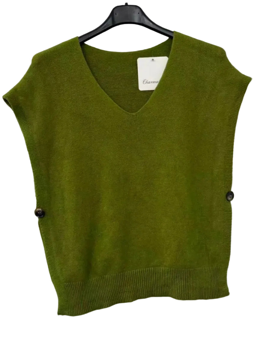An olive green sleeveless V-neck knit sweater vest hanging on a black hanger against a white wall, featuring small dark buttons on the sides.