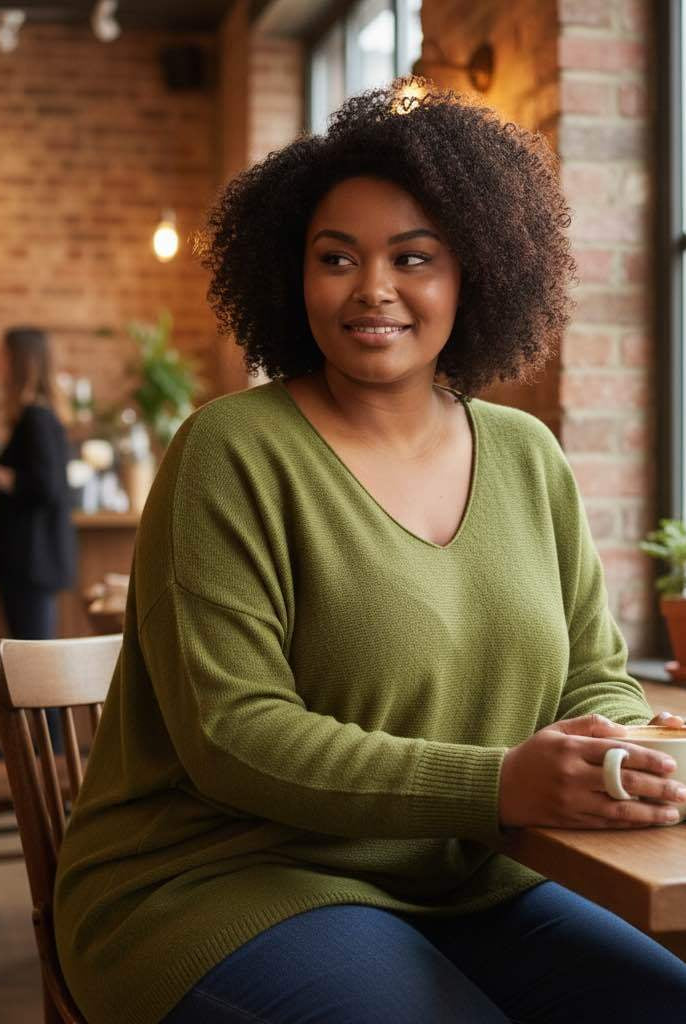 A woman with curly dark hair sits at a wooden table in a cozy cafe, wearing an oversized olive green V-neck sweater and blue jeans while holding a white mug.