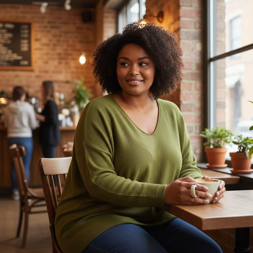A woman with curly dark hair sits at a wooden table in a cozy cafe, wearing an oversized olive green V-neck sweater and blue jeans while holding a white mug.