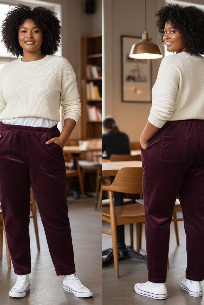 A woman stands in a cafe setting showing two views of a pair of burgundy corduroy pants.