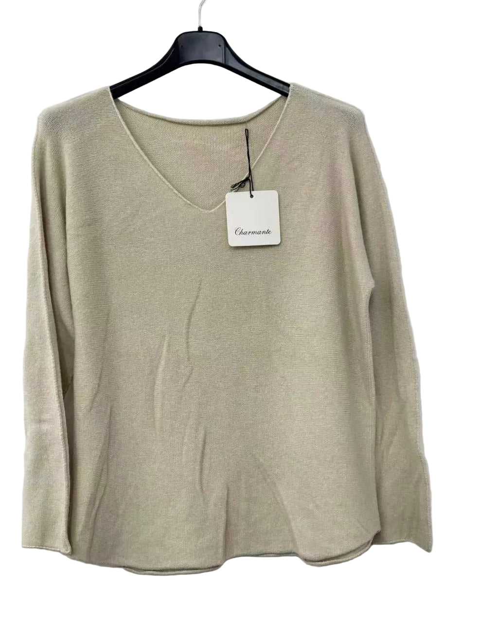 A beige knit long-sleeve top with a V-neck, hanging on a black hanger.